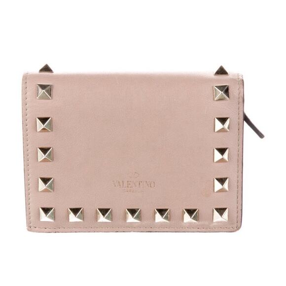 Authentic Valentino Rockstud Taupe Leather Silver Studded Wallet Dust Cover/Box - Picture 2 of 10